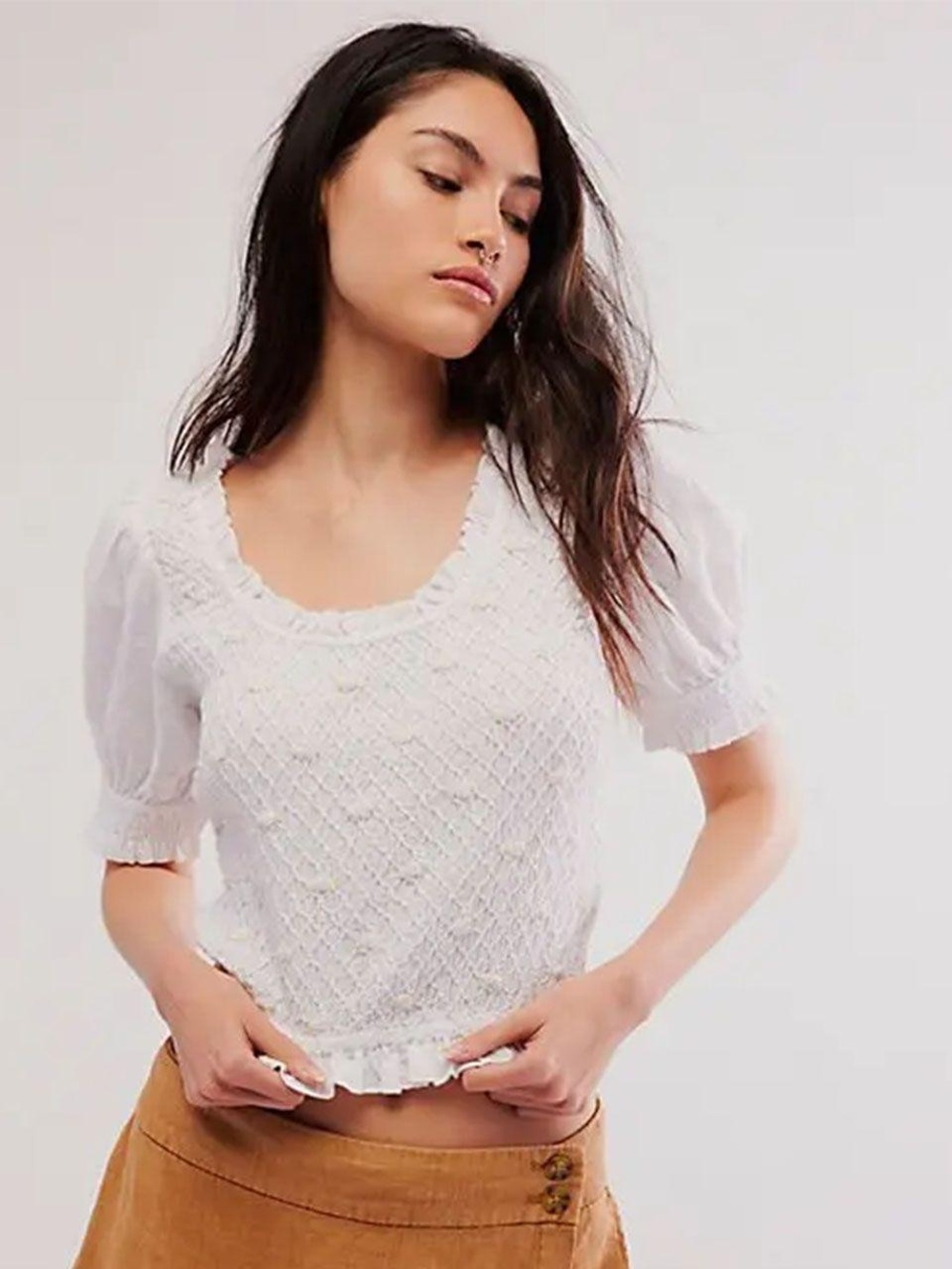 Free People Cecelia White Smocked Blouse with Yellow Embroidery